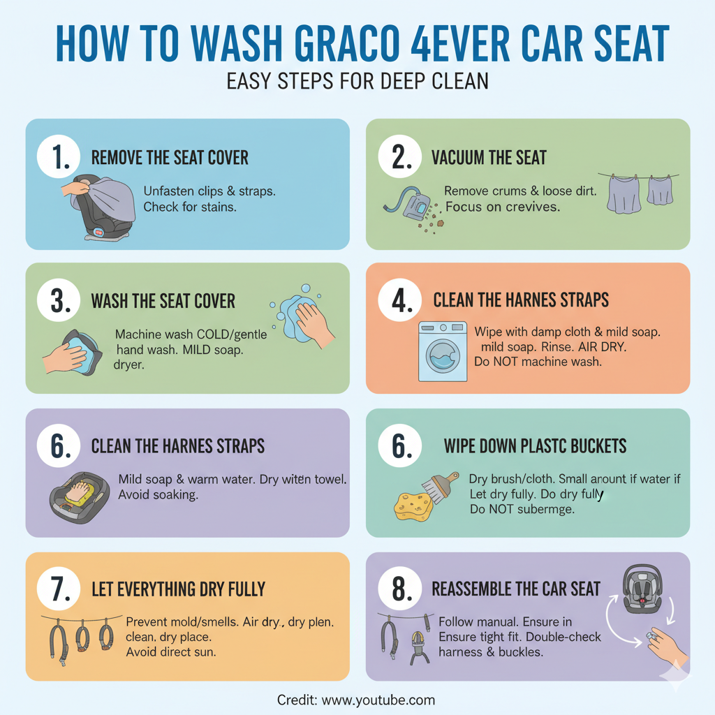 Infographic showing 8 easy steps for deep cleaning a Graco 4Ever car seat, including removing the cover, vacuuming, washing, cleaning straps, wiping plastic, cleaning buckles, drying, and reassembling.