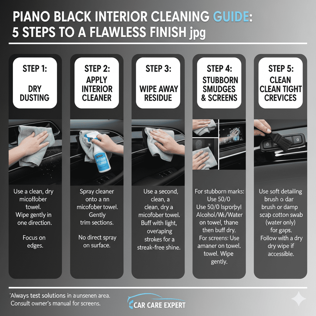 Infographic detailing 5 steps to clean a piano black car interior: dry dusting, applying cleaner, wiping residue, addressing smudges/screens, and cleaning crevices.