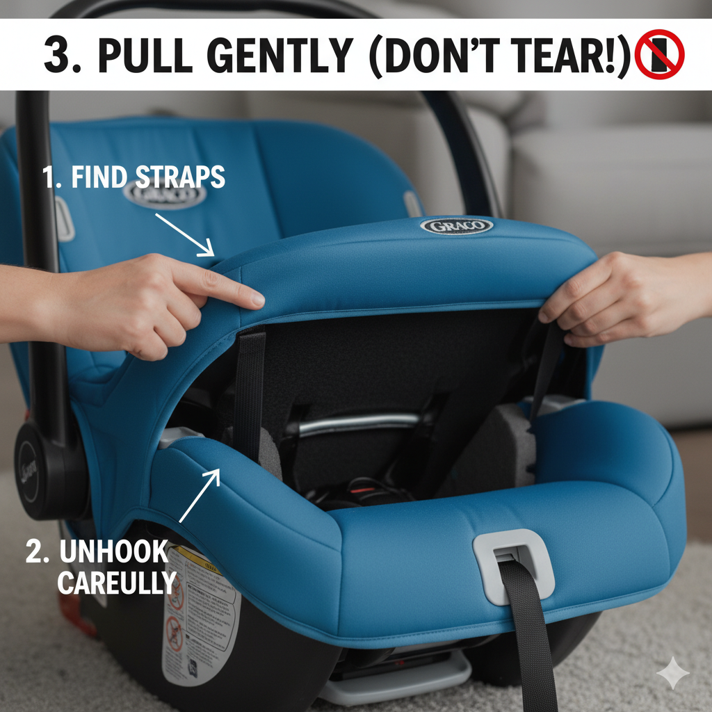 A close-up image showing hands carefully removing the blue fabric cover of a Graco car seat. The image has three numbered steps with white arrows: 1. FIND STRAPS, 2. UNHOOK CAREFULLY, and 3. PULL GENTLY (DON'T TEAR!). A red circle with a line through it indicates not to tear the fabric.